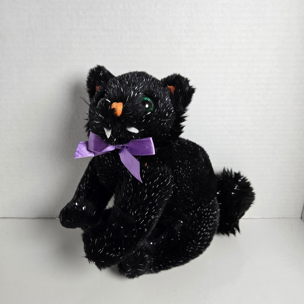 Galerie Black Sparkly Vampire Cat Plush 14" Bendable Tail Halloween